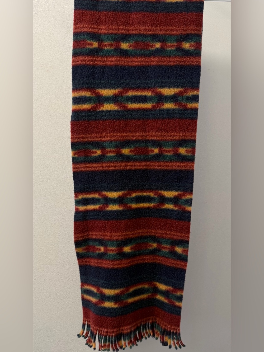 Southwestern Geometric Striped Fringe Scarf Navy Rust Green Mustard